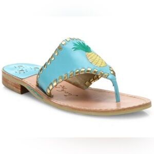 Jack Rogers pineapple embroidered leather flat sandals turquoise coral gold 7.5